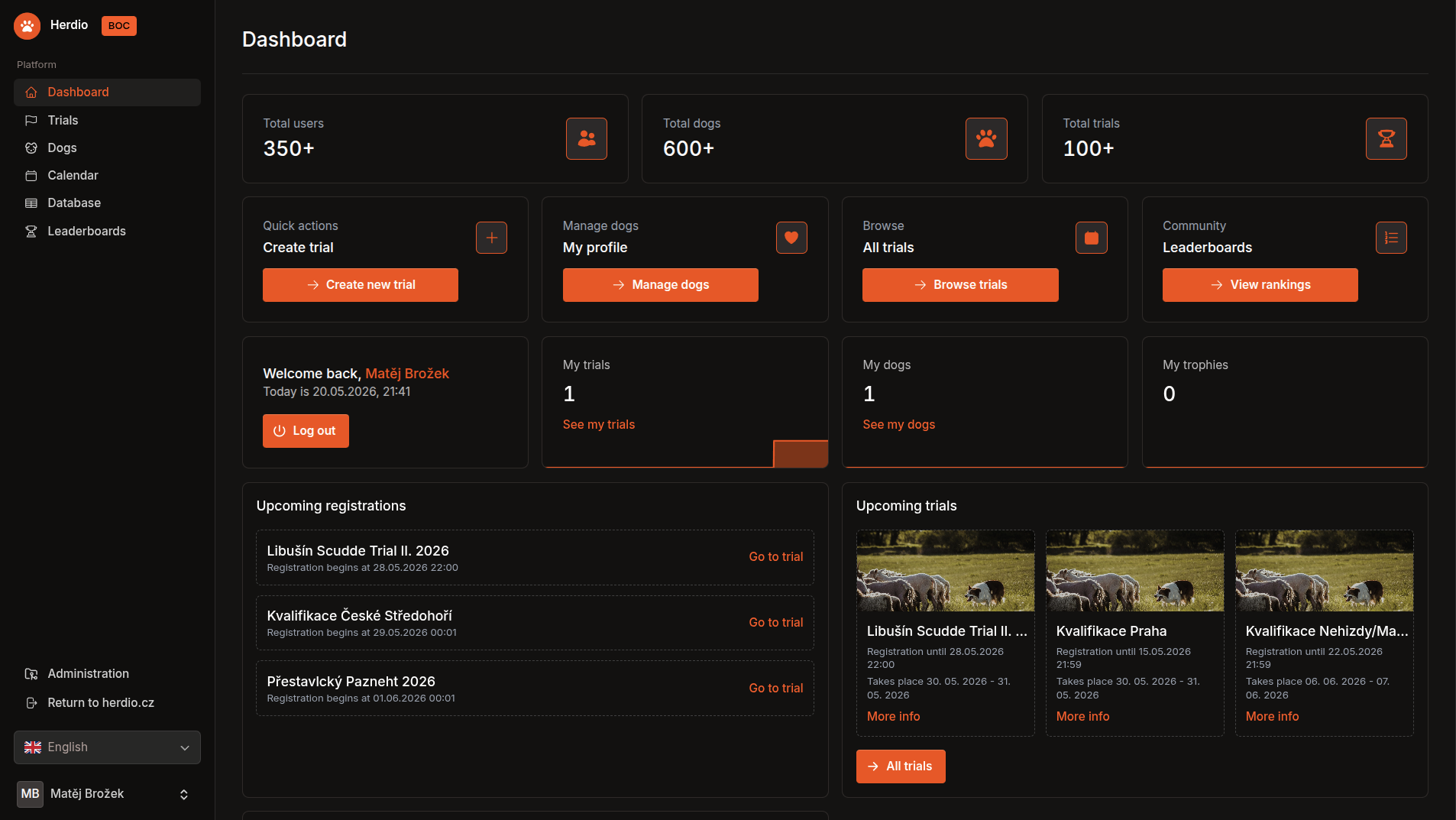 Dashboard Herdio s widgety pro správu soutěží